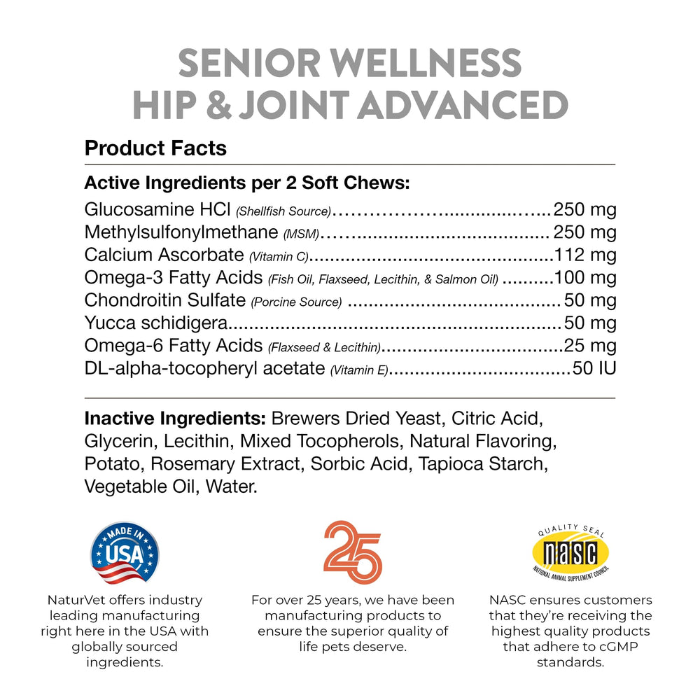 NaturVet Senior Wellness soft chews beside a happy older dog at home.