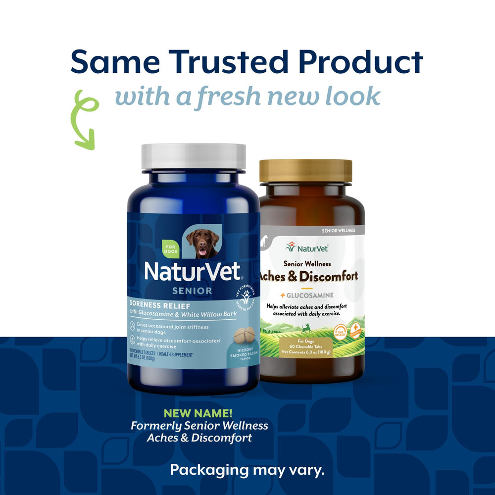 NaturVet Soreness Relief chewable tablets displayed for daily dosing and palatable use.