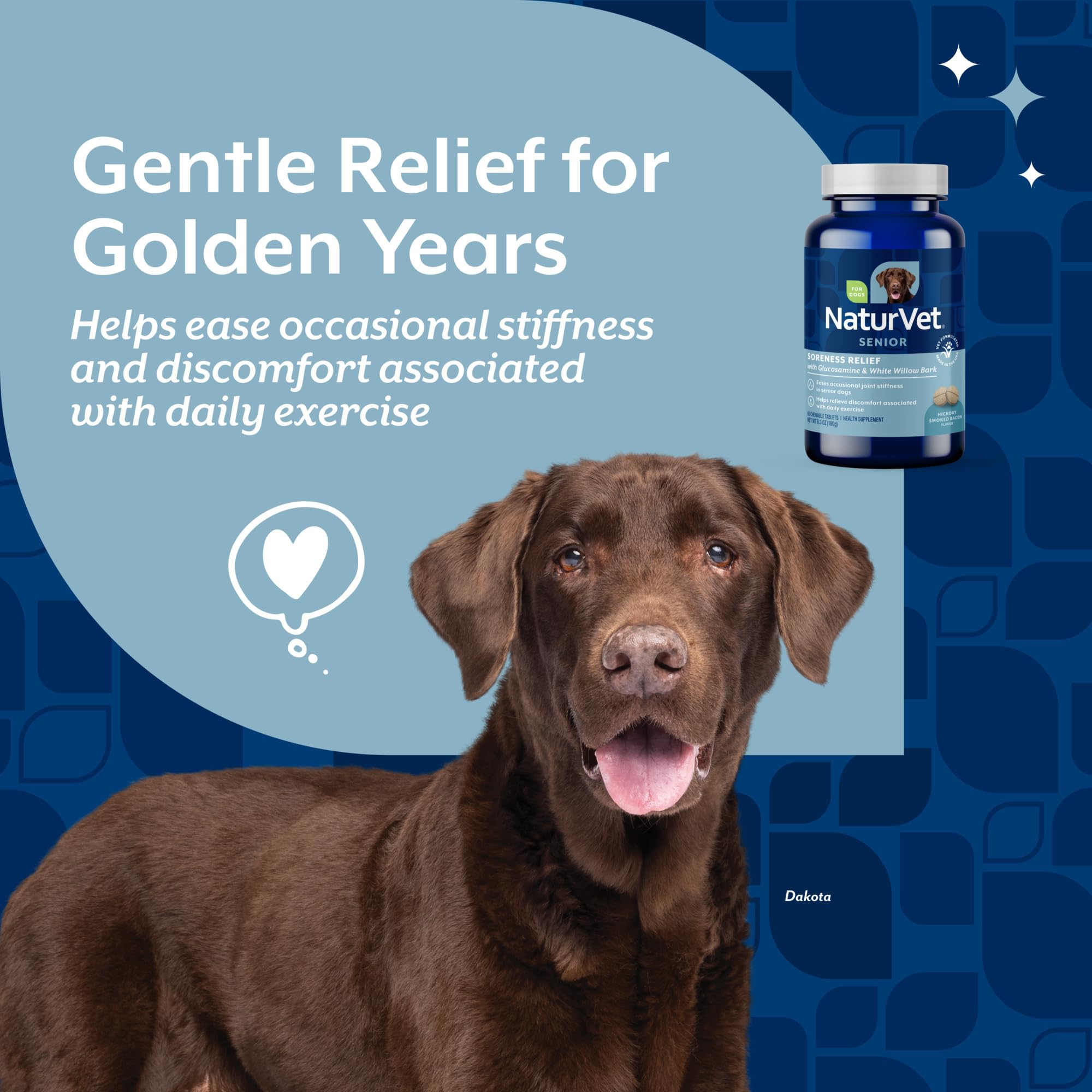NaturVet Soreness Relief Hickory Smoked Bacon flavor tablets appealing to dogs during mealtime.