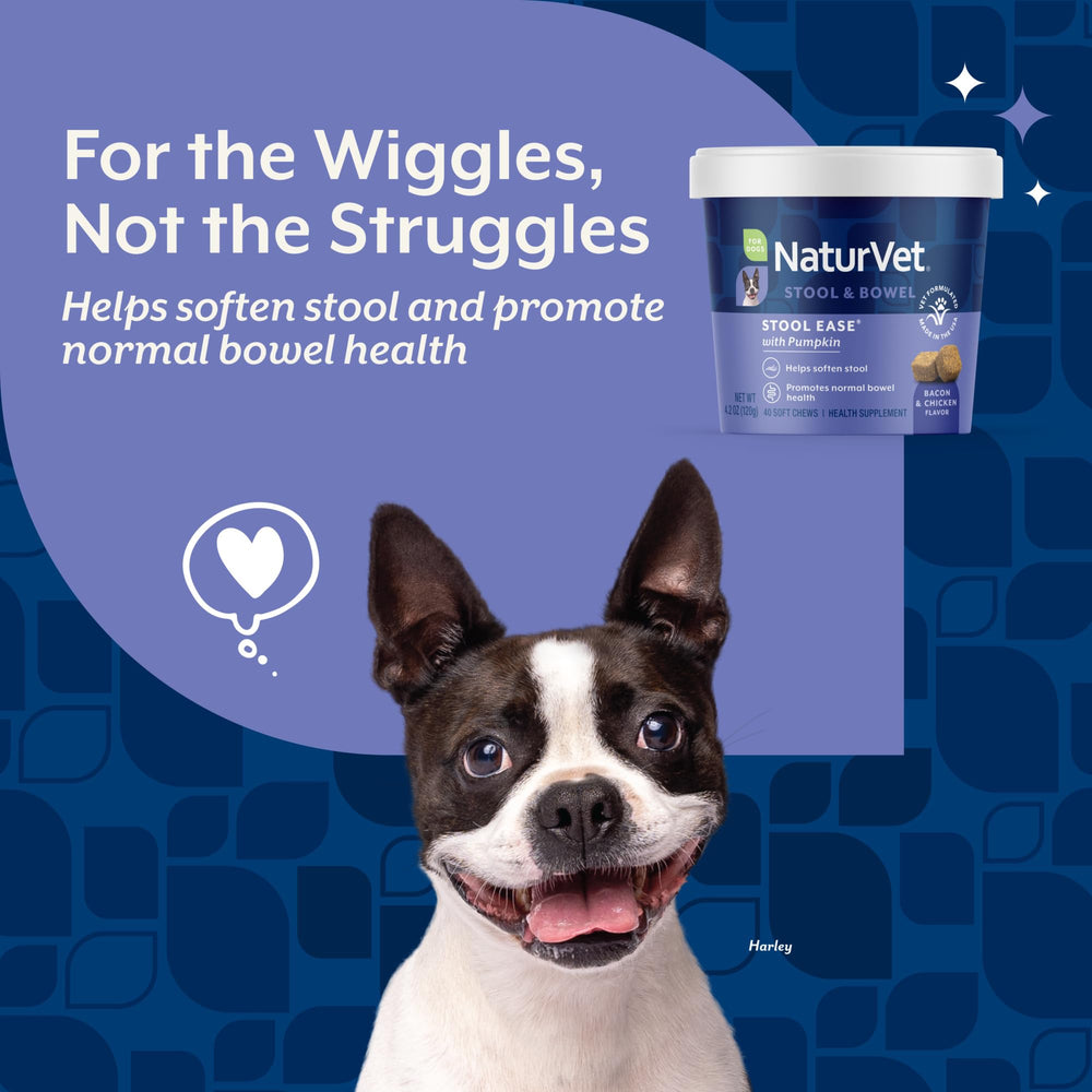 NaturVet Stool Ease bottle beside a bowl for routine use.