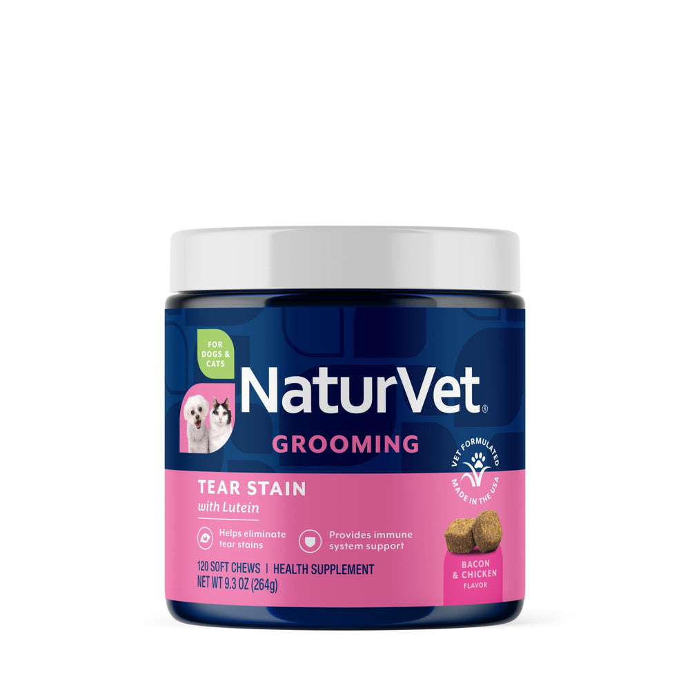 NaturVet Tear Stain Supplements bottle for pets supports eye clarity.