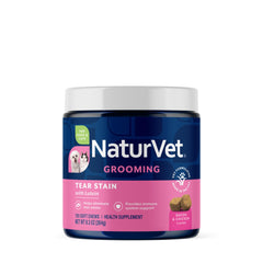 NaturVet Tear Stain Supplements bottle for pets supports eye clarity.