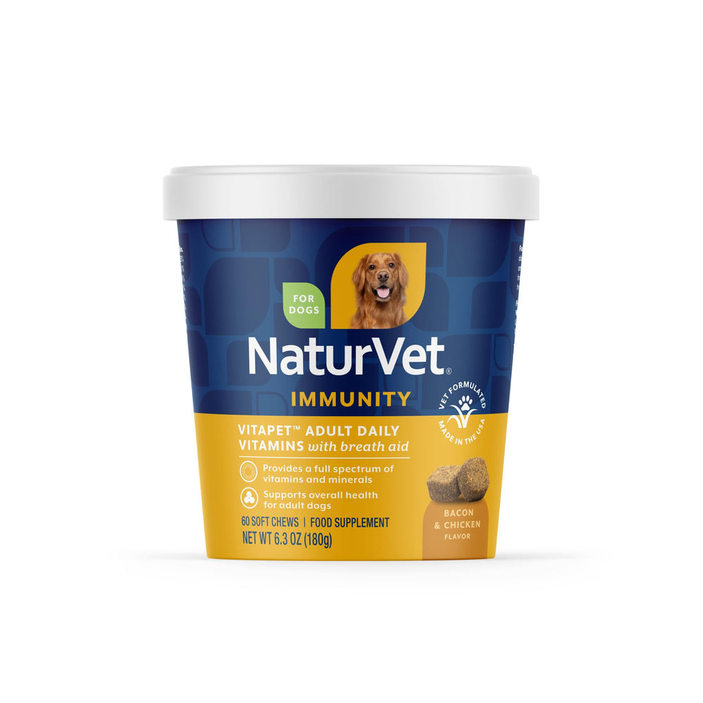 NaturVet VitaPet adult daily vitamins bottle, convenient chews for daily dog wellness.