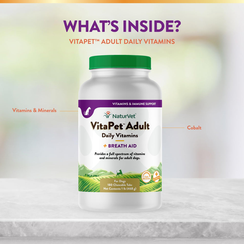 NaturVet VitaPet dog eating tablet shows simple daily ingestion.