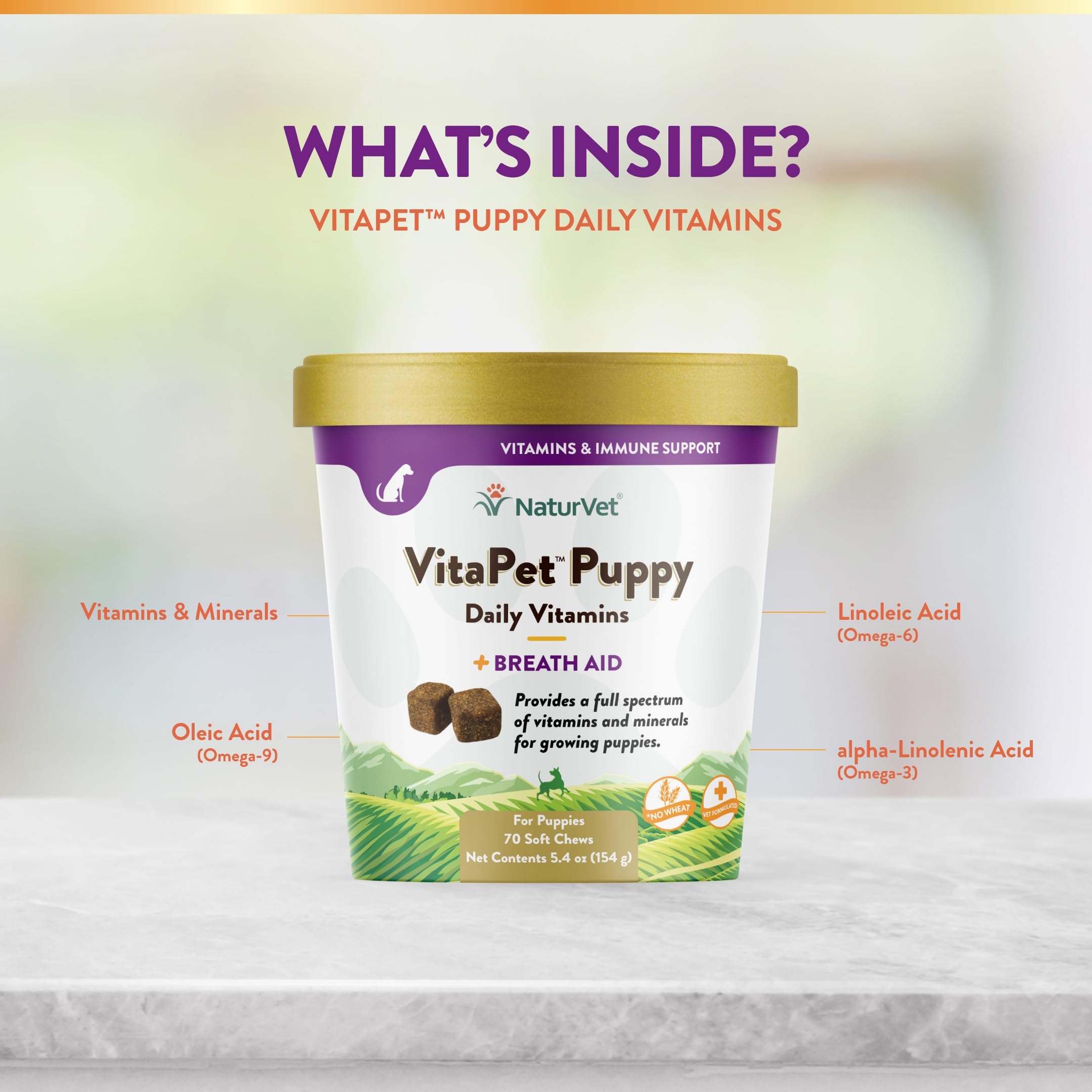 NaturVet VitaPet packaging shows suitability for 12 weeks to 1 year.