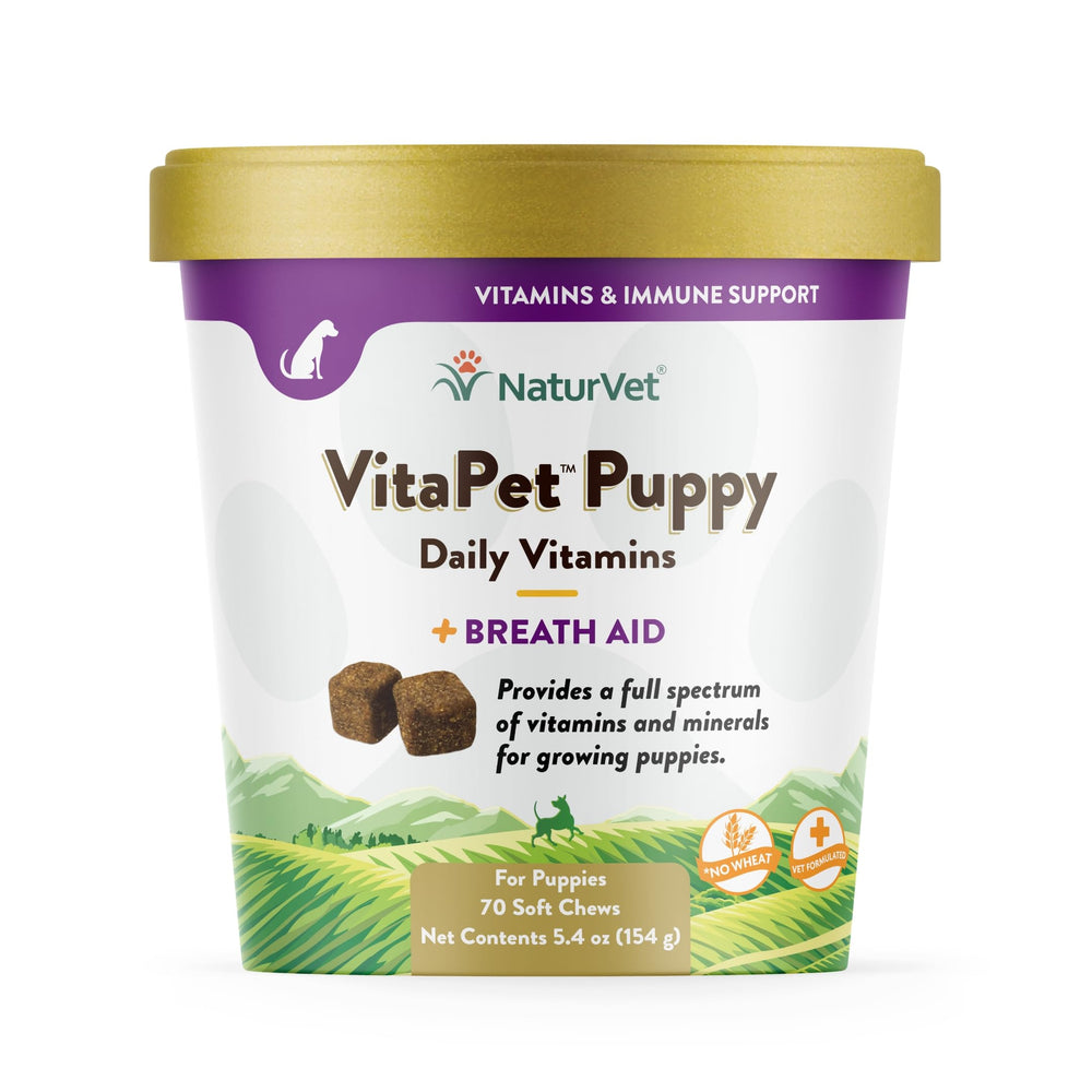 NaturVet VitaPet puppy vitamins bottle promotes growth.