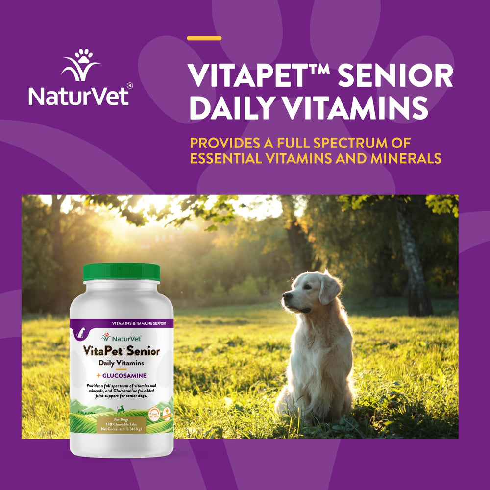 NaturVet VitaPet Senior glucosamine ingredient highlight for joint support potential.