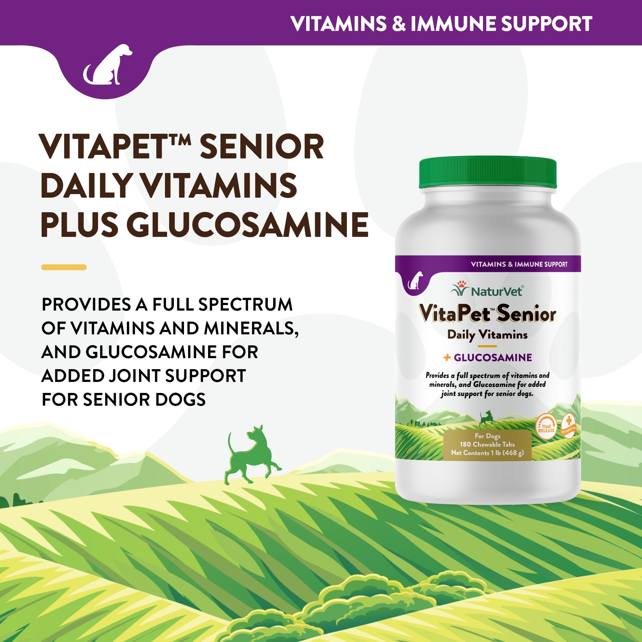 NaturVet VitaPet Senior label detail showing full-spectrum vitamins and minerals.