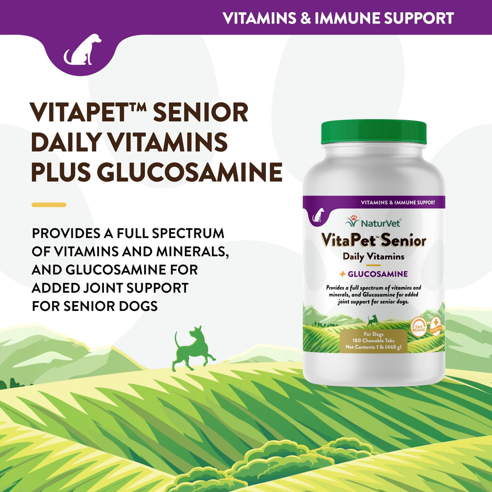 NaturVet VitaPet Senior label detail showing full-spectrum vitamins and minerals.