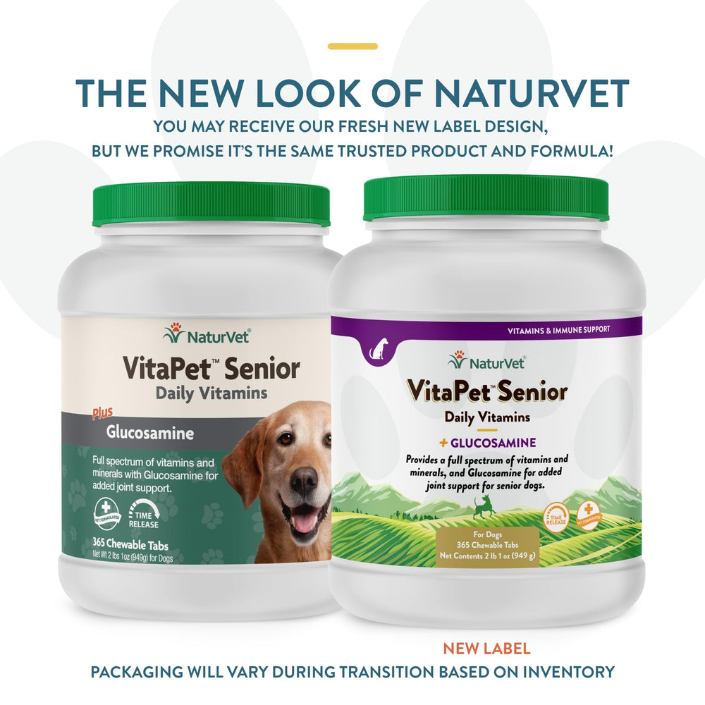 NaturVet VitaPet Senior Daily Tablets bottle close-up highlighting veterinarian formulation