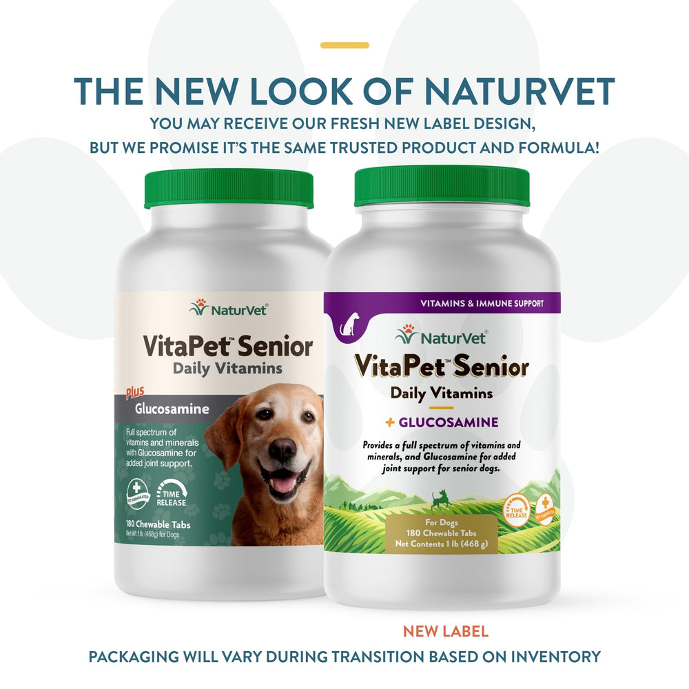 NaturVet VitaPet Senior tablets close-up highlighting chewable format for daily use.