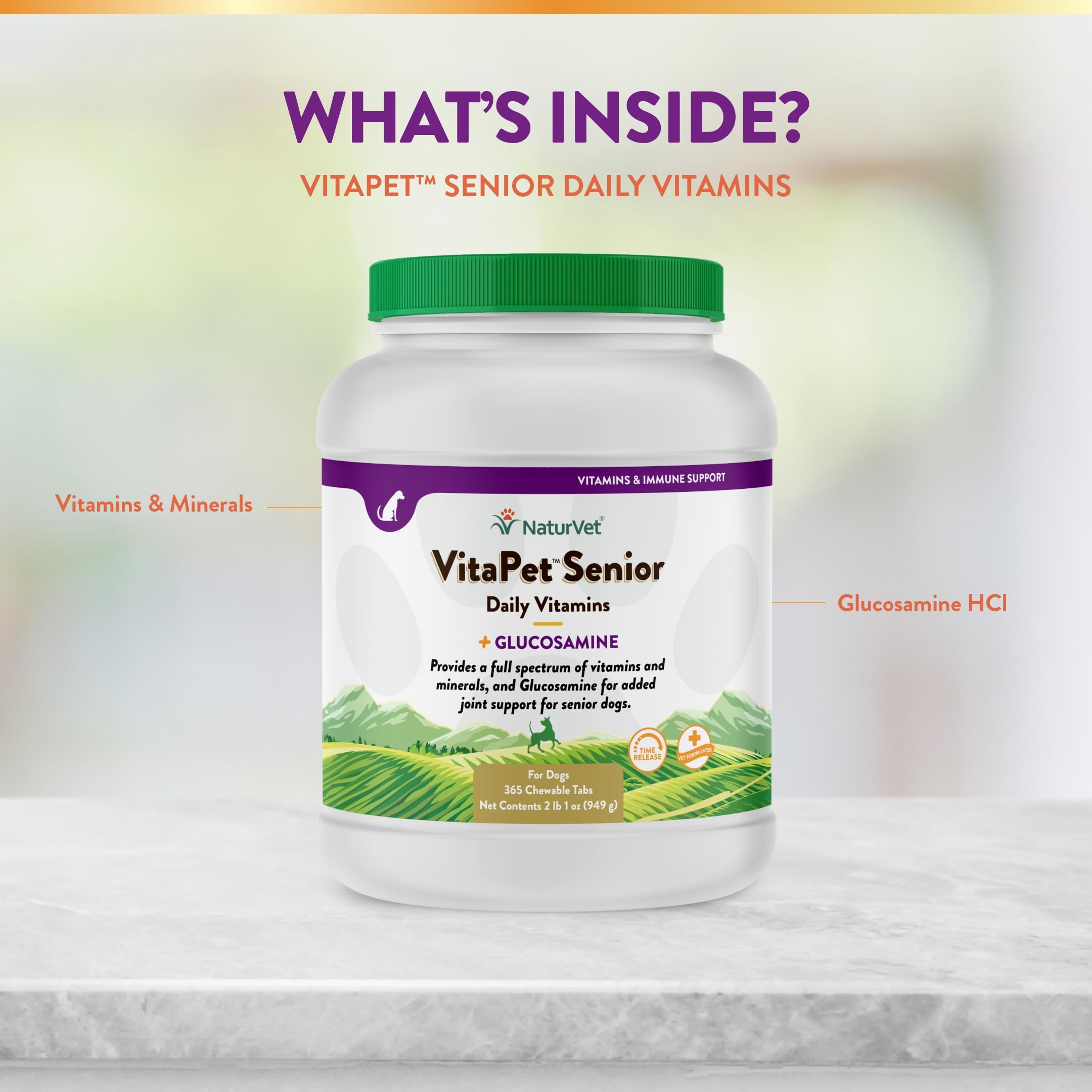 NaturVet VitaPet Senior Daily Tablets packaging close-up with dosage info