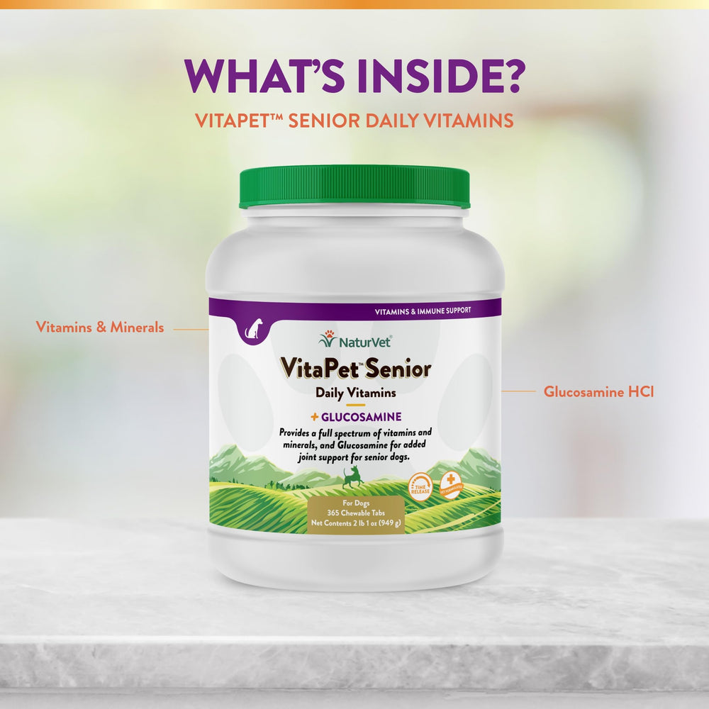 NaturVet VitaPet Senior Daily Tablets packaging close-up with dosage info