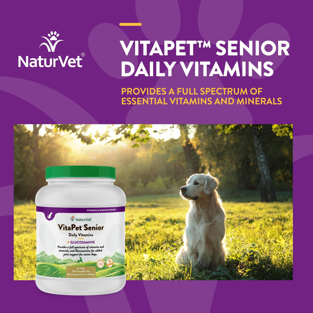 NaturVet VitaPet Senior Daily Tablets serving example with dog