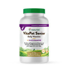 NaturVet VitaPet Senior vitamins bottle with time-release tablets for senior dogs.