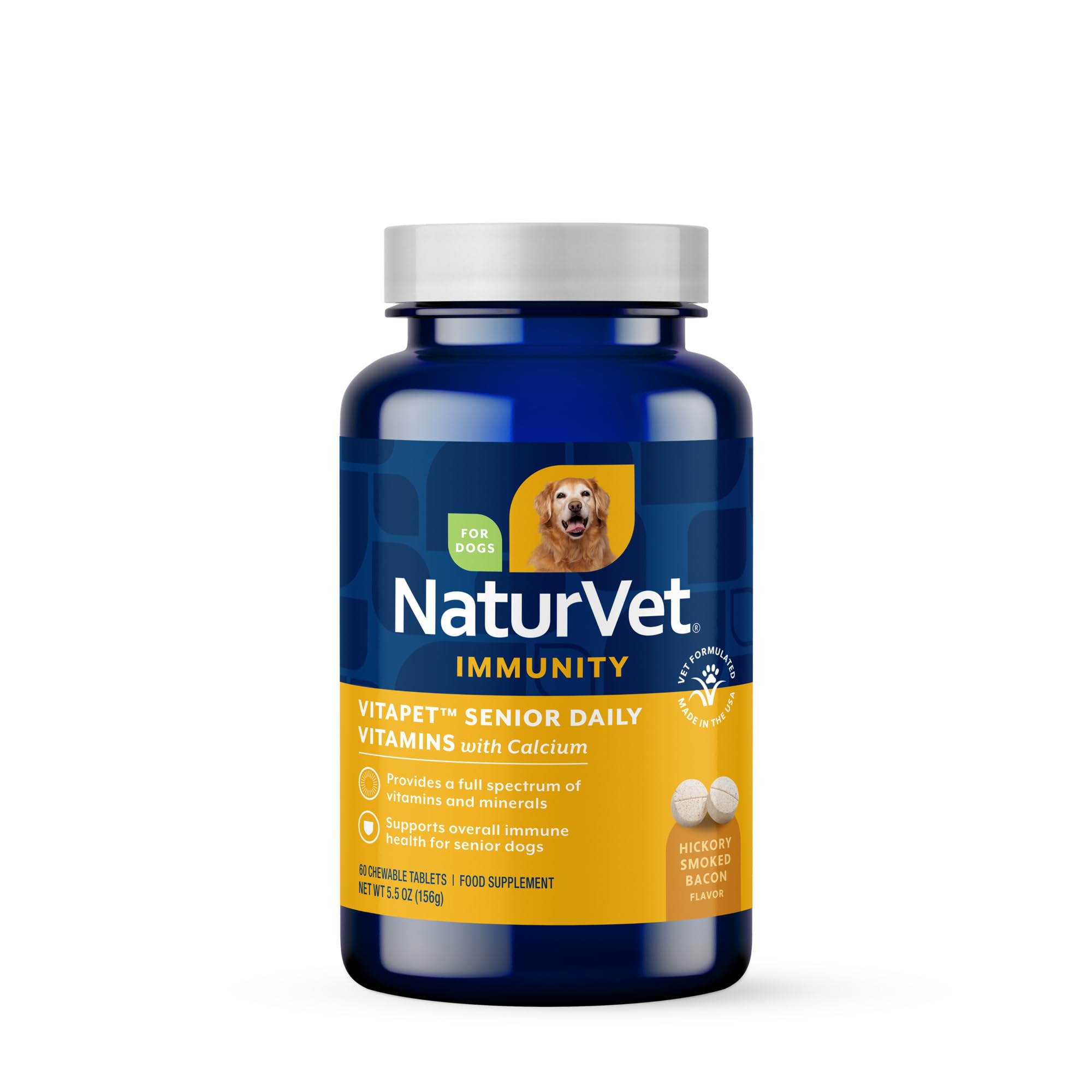 NaturVet VitaPet Senior vitamins bottle supports daily wellness for dogs.
