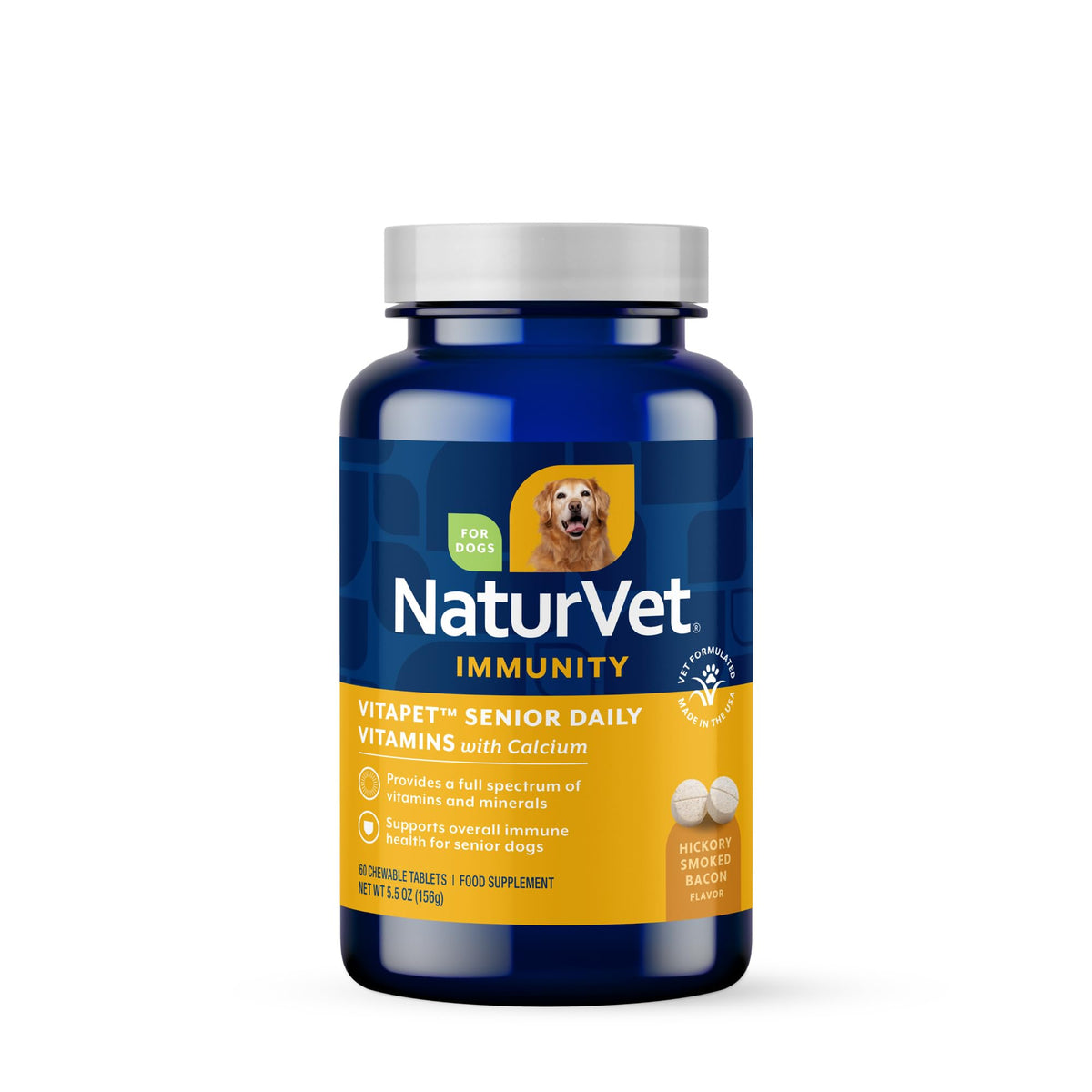 NaturVet VitaPet Senior vitamins bottle supports daily wellness for dogs.
