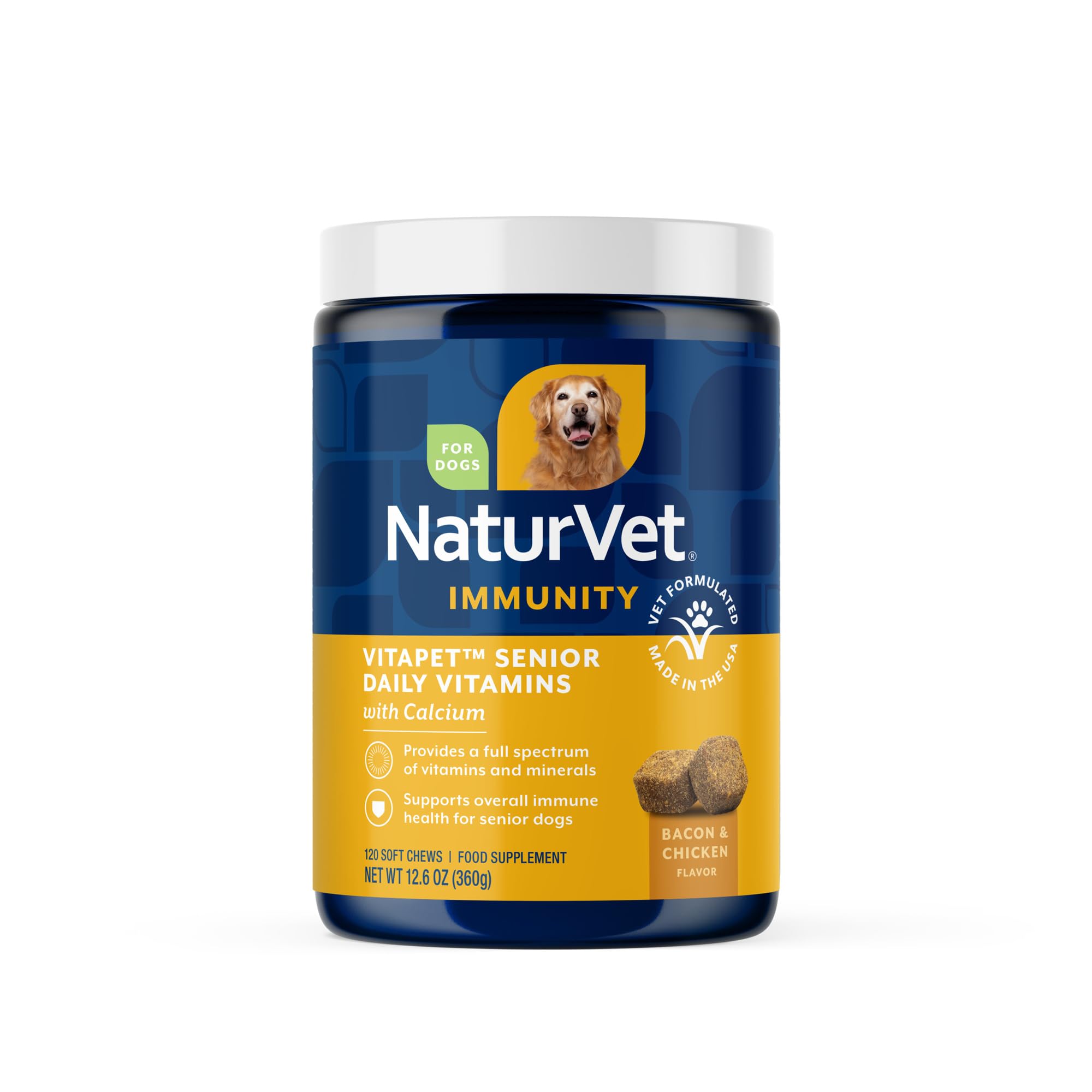 NaturVet VitaPet Senior soft chews bottle for daily canine vitamin support and joint care.
