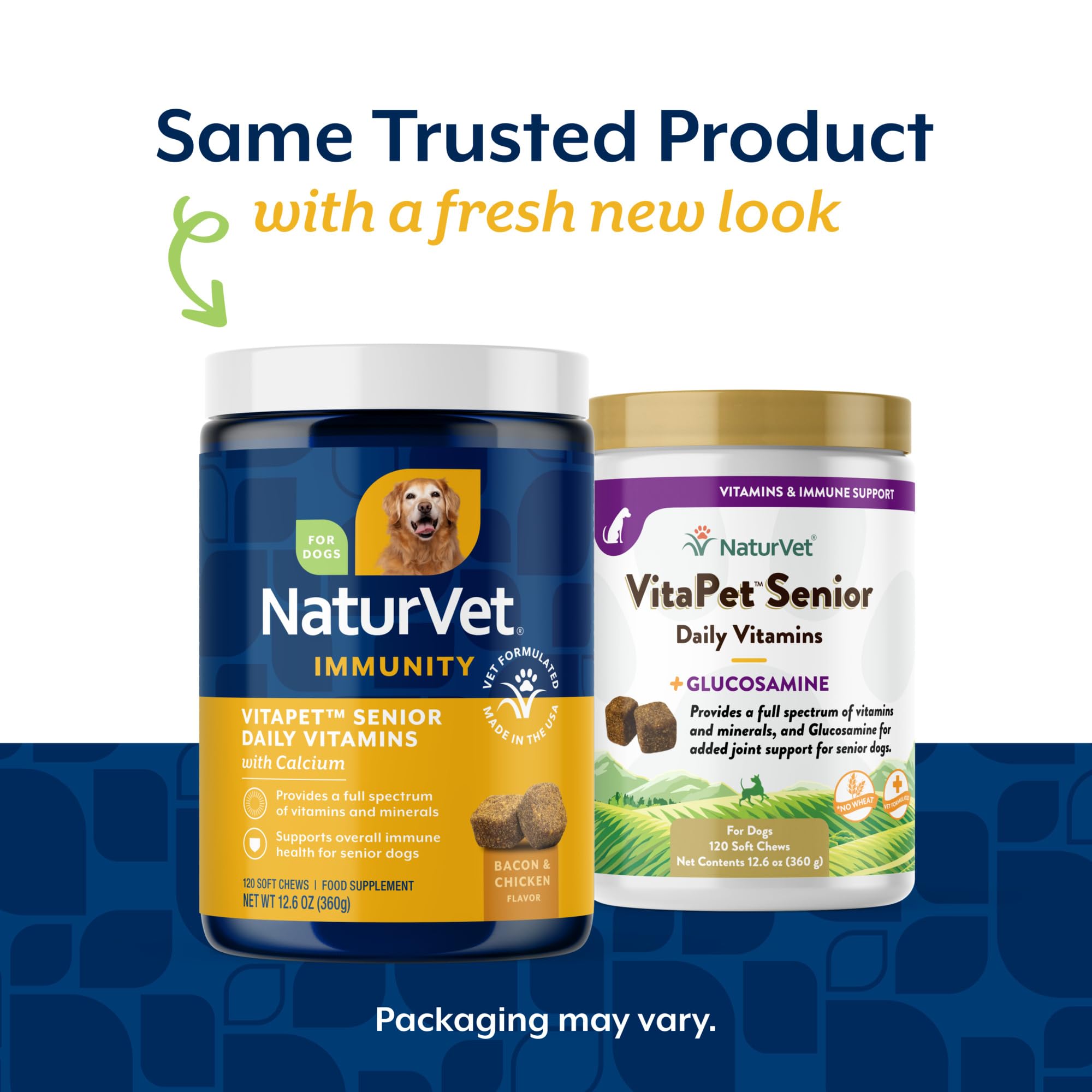 Close-up of VitaPet Senior chews showing texture and easy-to-chew form for older dogs.