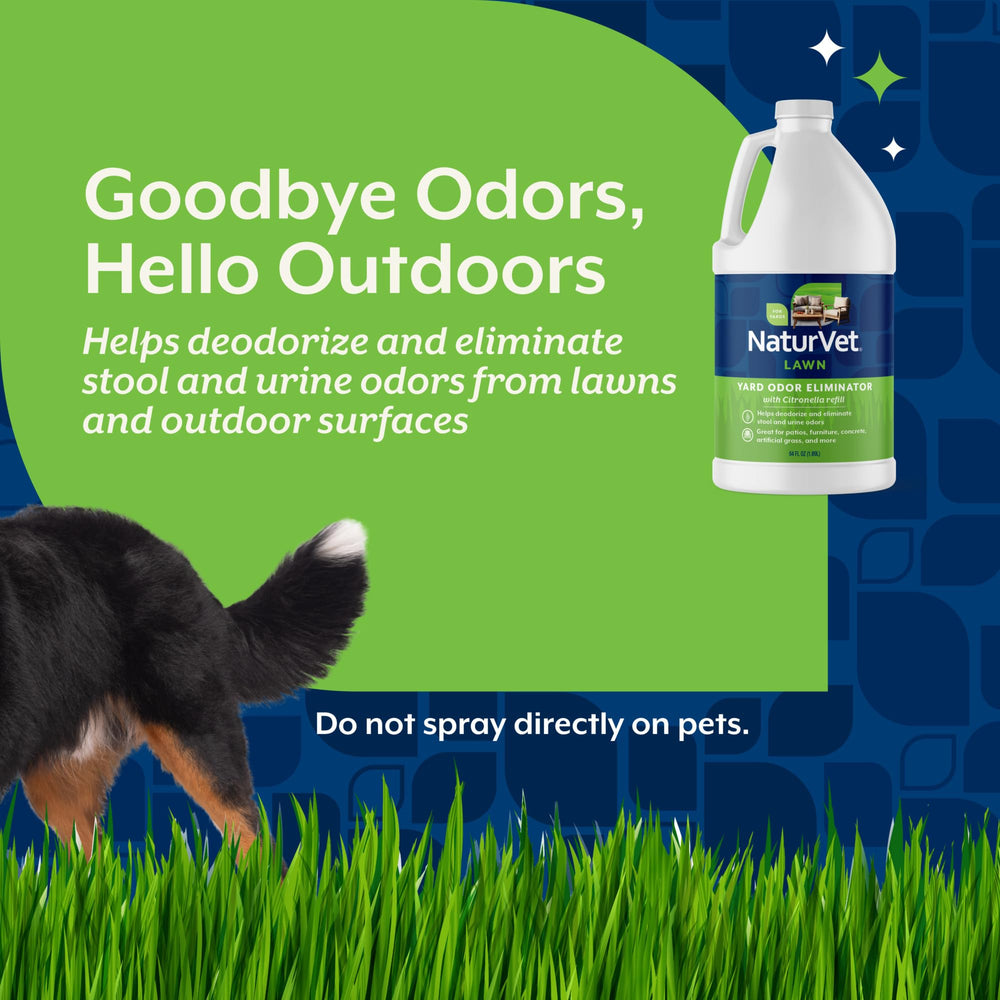 NaturVet Yard Odor Eliminator grass application reduces pet odors on turf.