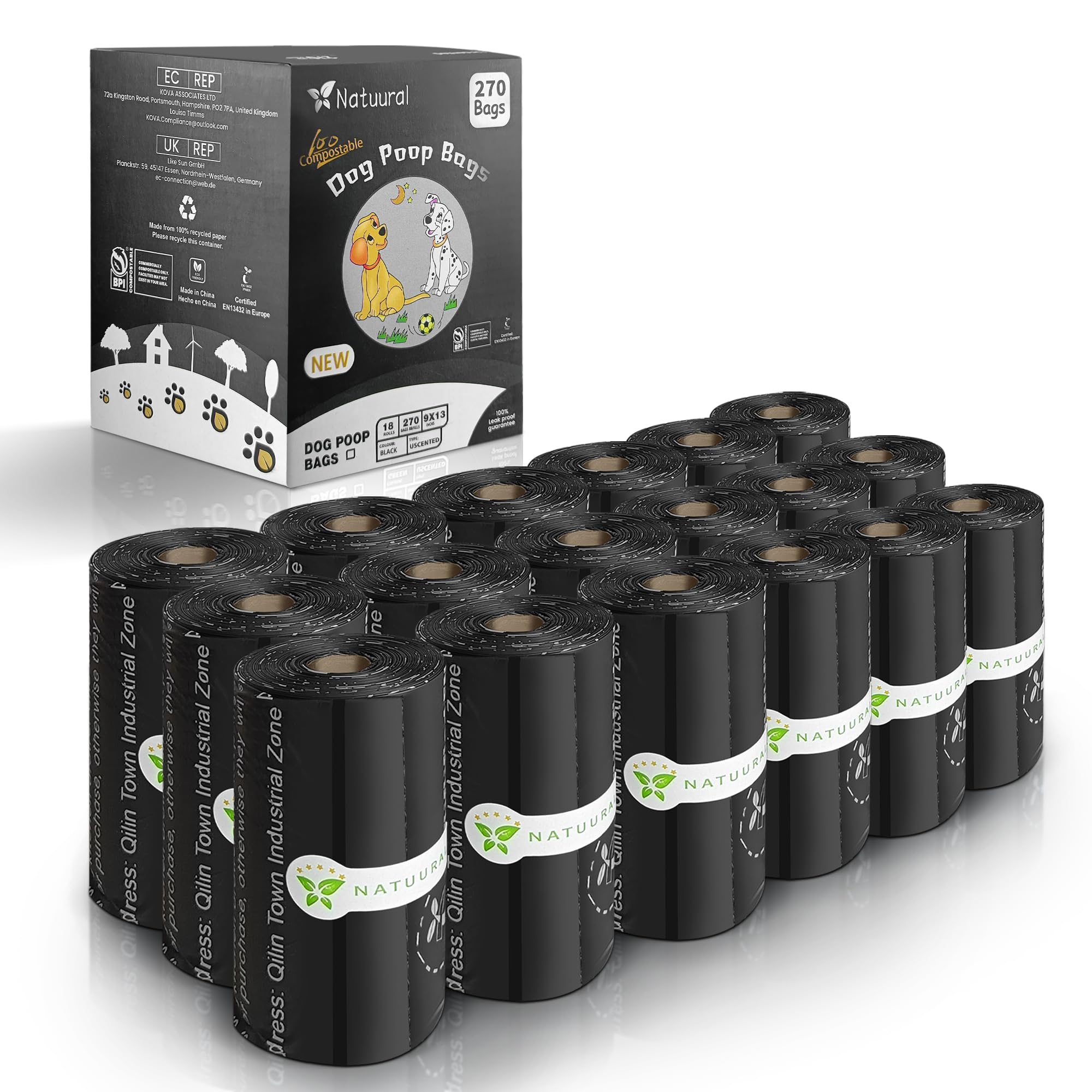 Natuural 270-count pack of compostable dog poop bags in 18 rolls for easy daily walks.