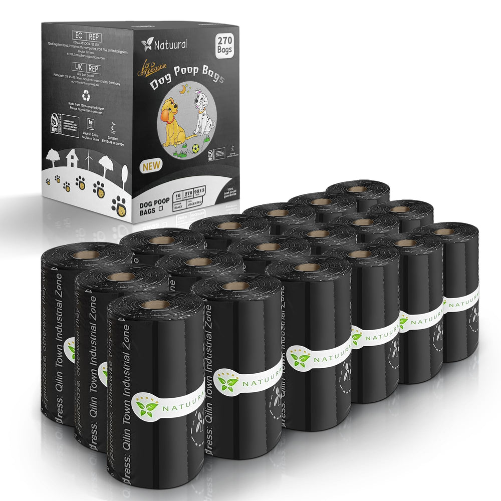 Natuural 270-count pack of compostable dog poop bags in 18 rolls for easy daily walks.