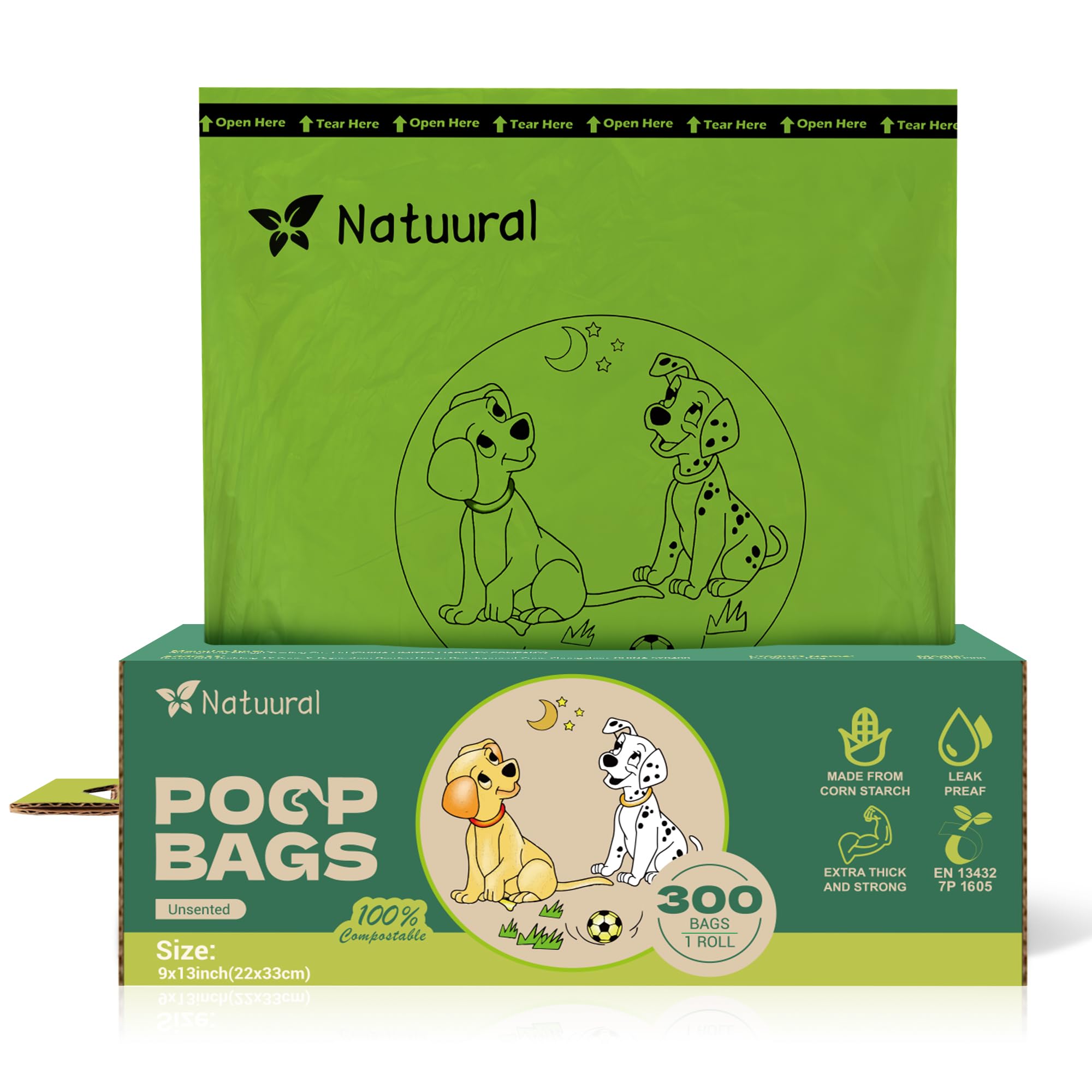 Natuural compostable dog poop bags roll for easy dispensing and waste containment.