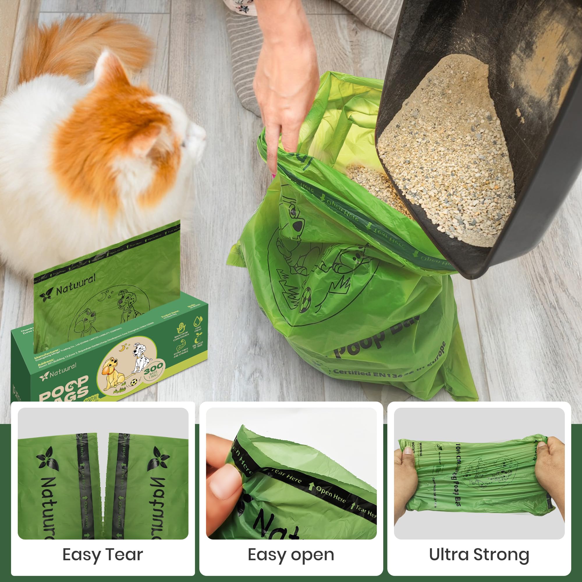 Natuural corn-starch material dog bags highlighting eco-friendly compostable design.