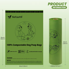 Natuural unscented poop bags in a tidy dispensing roll for fast cleanup.