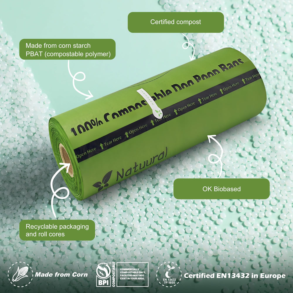 Natuural home-compost certification badge on packaging signals responsible disposal.