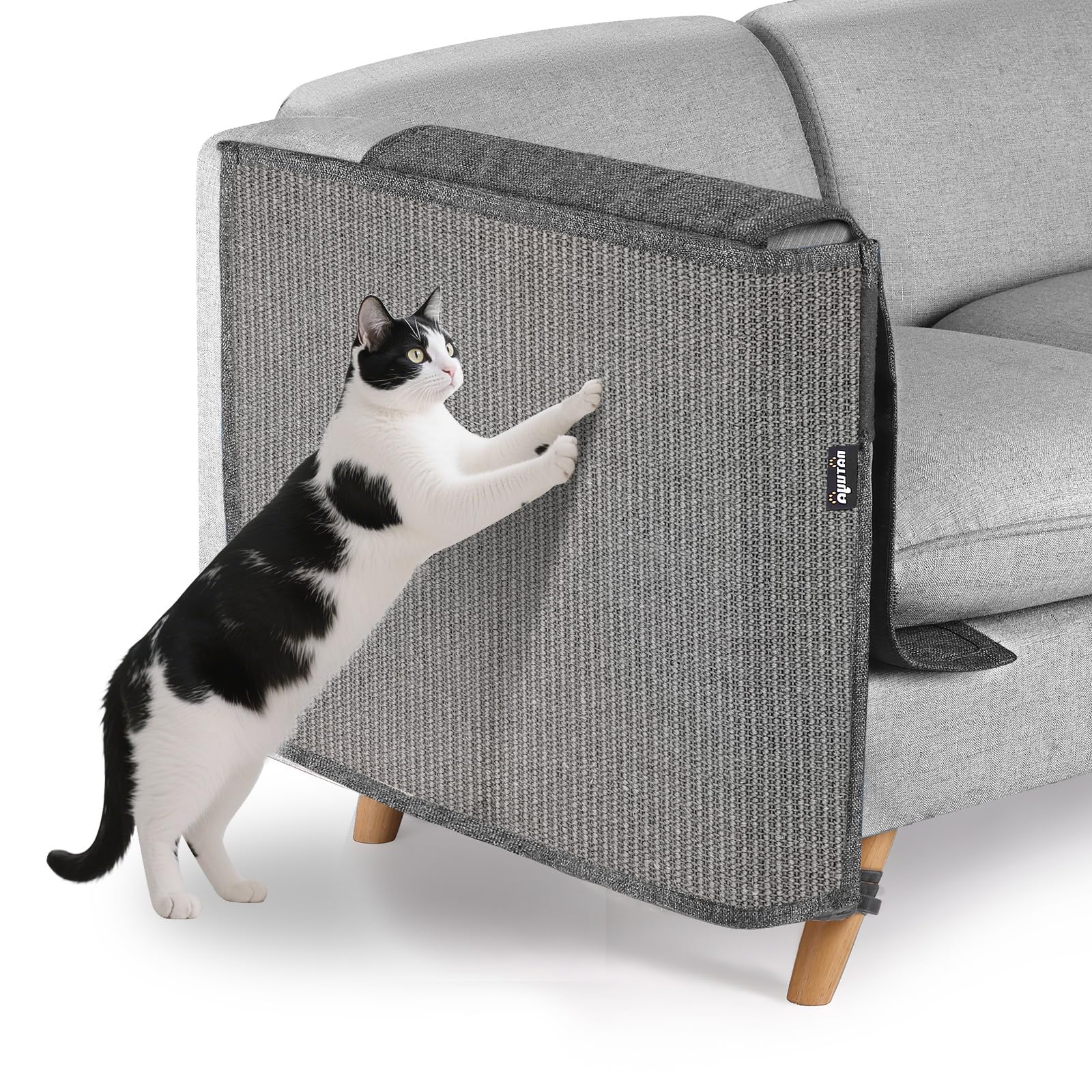 NATUYA cat-scratch-furniture-couch-protector on sofa armrest; guards upholstery from claws.