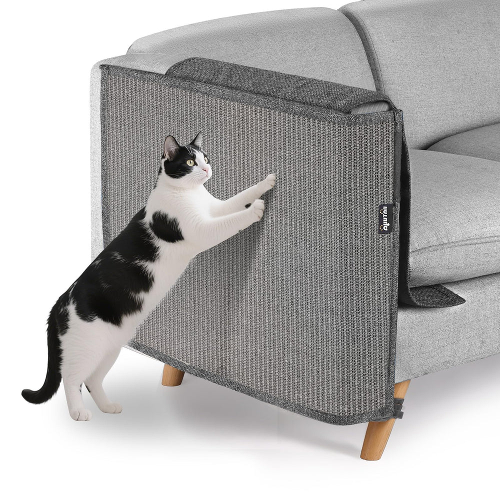 NATUYA cat-scratch-furniture-couch-protector on sofa armrest; guards upholstery from claws.