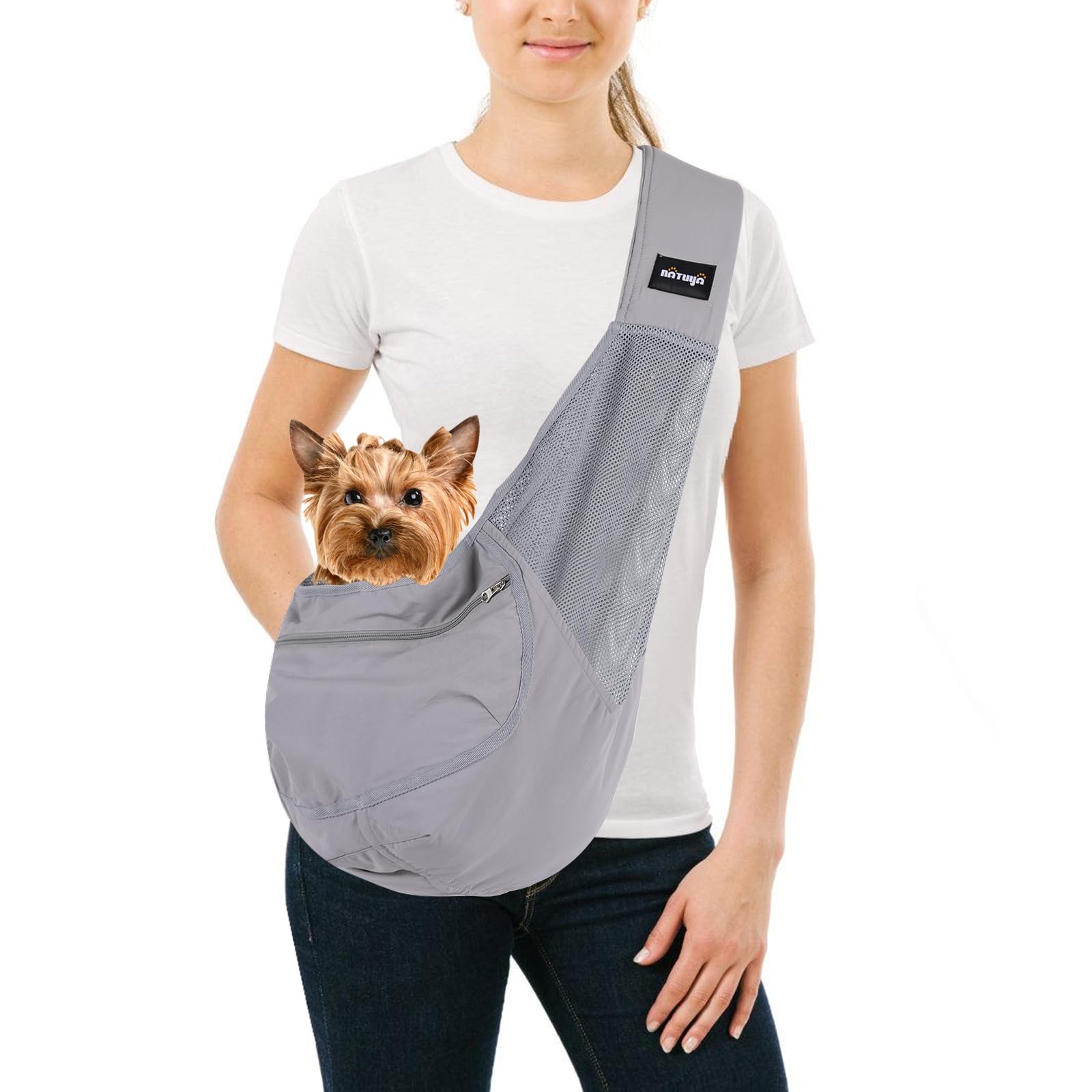 NATUYA small dog sling carrier front view for hands-free walks with puppies under 15 lbs
