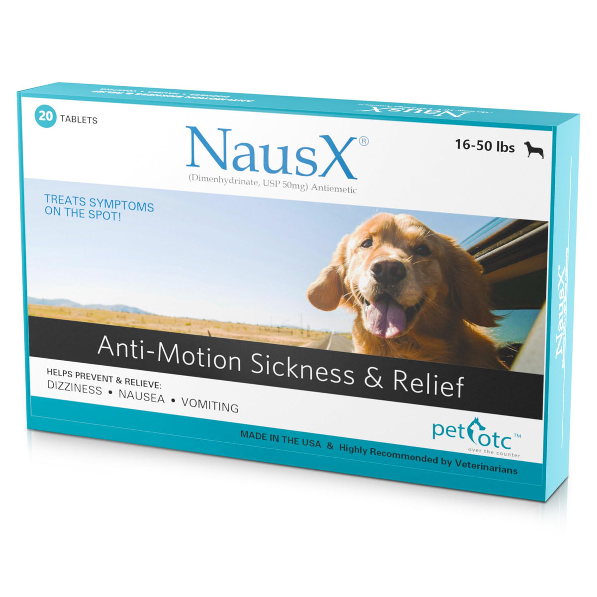 NausX motion sickness tablets bottle for dogs supports comfortable travel