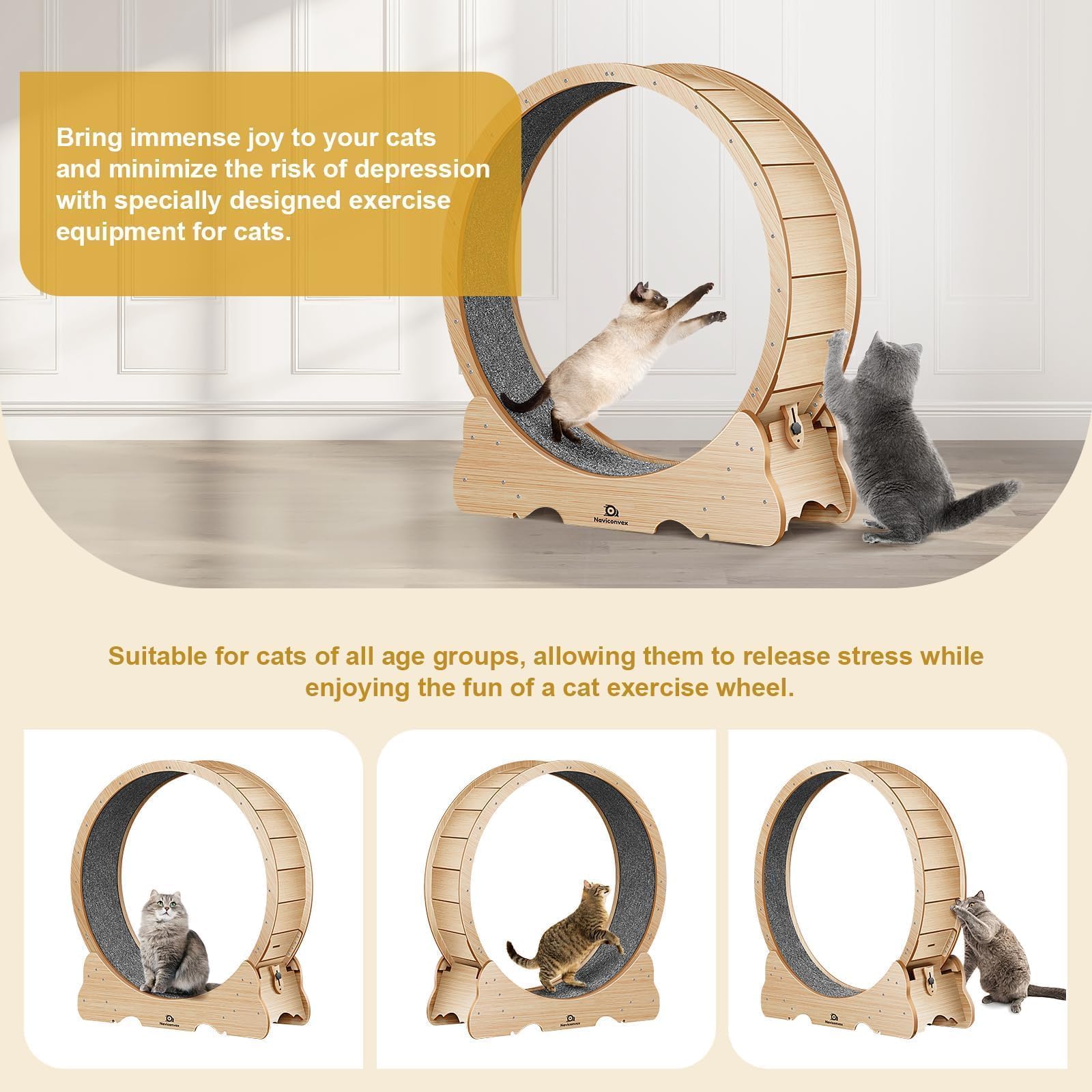 Naviconvex Cat Wheel: large running space supports different cat sizes with comfortable strides.