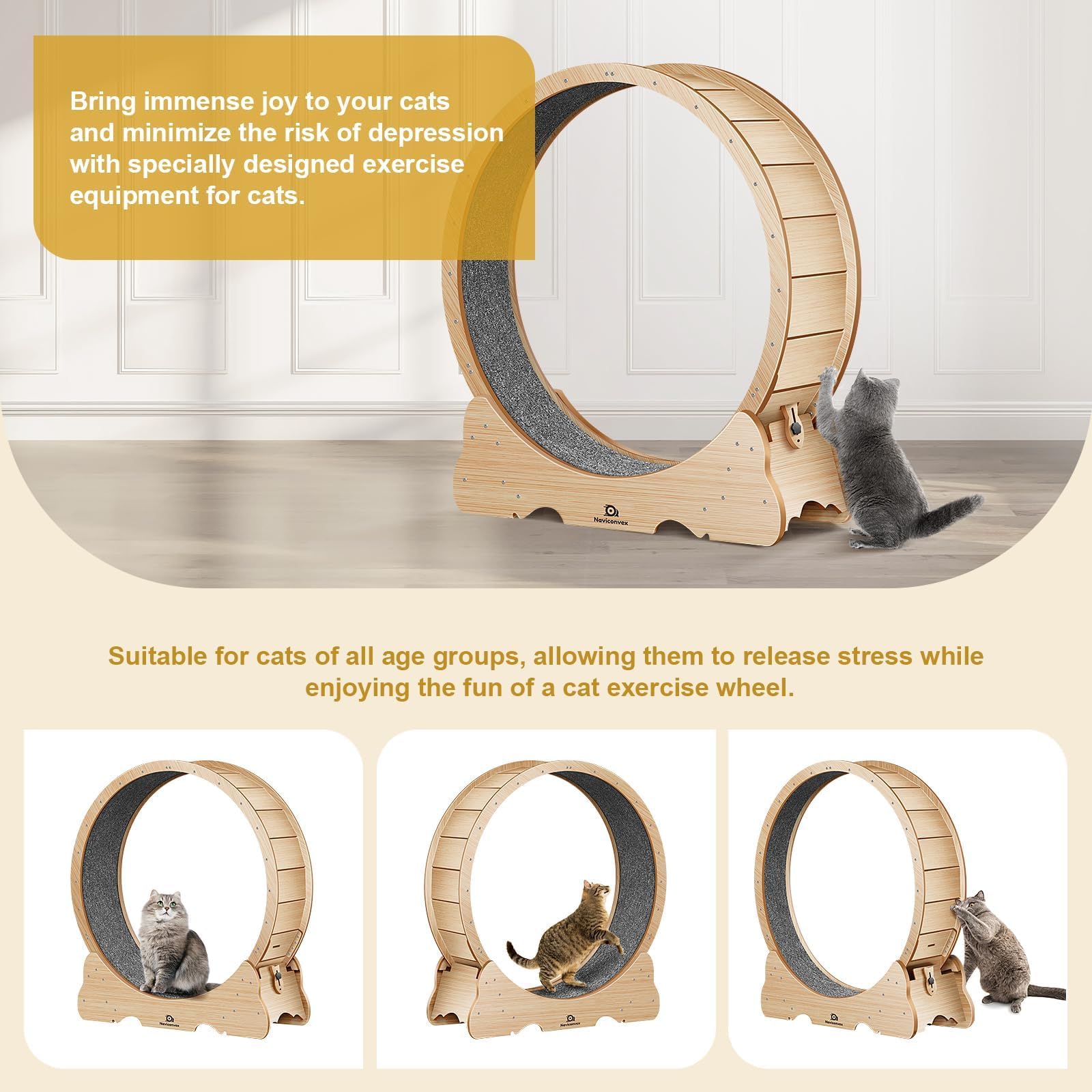 Naviconvex cat wheel running action supports vigorous play.
