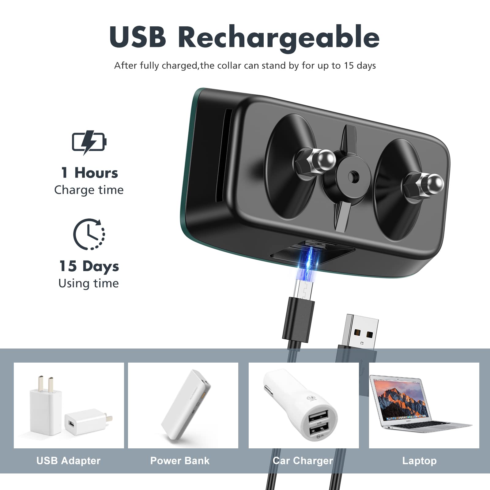 NBJU bark collar quick charge indicator shows fast recharge.