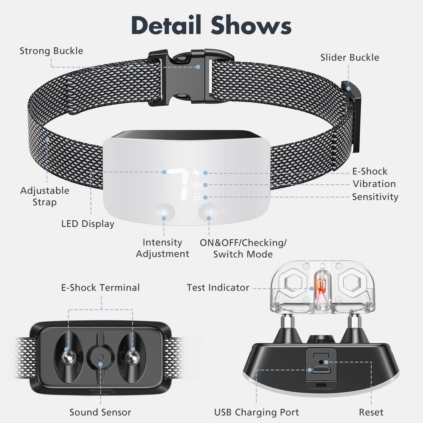 Close-up of NBJU bark collar sensor for accurate barking detection