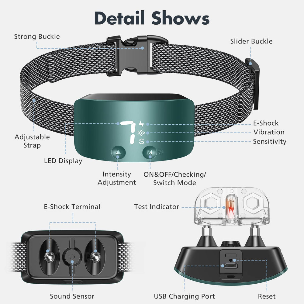 NBJU bark collar sensor detection highlights quick bark response.