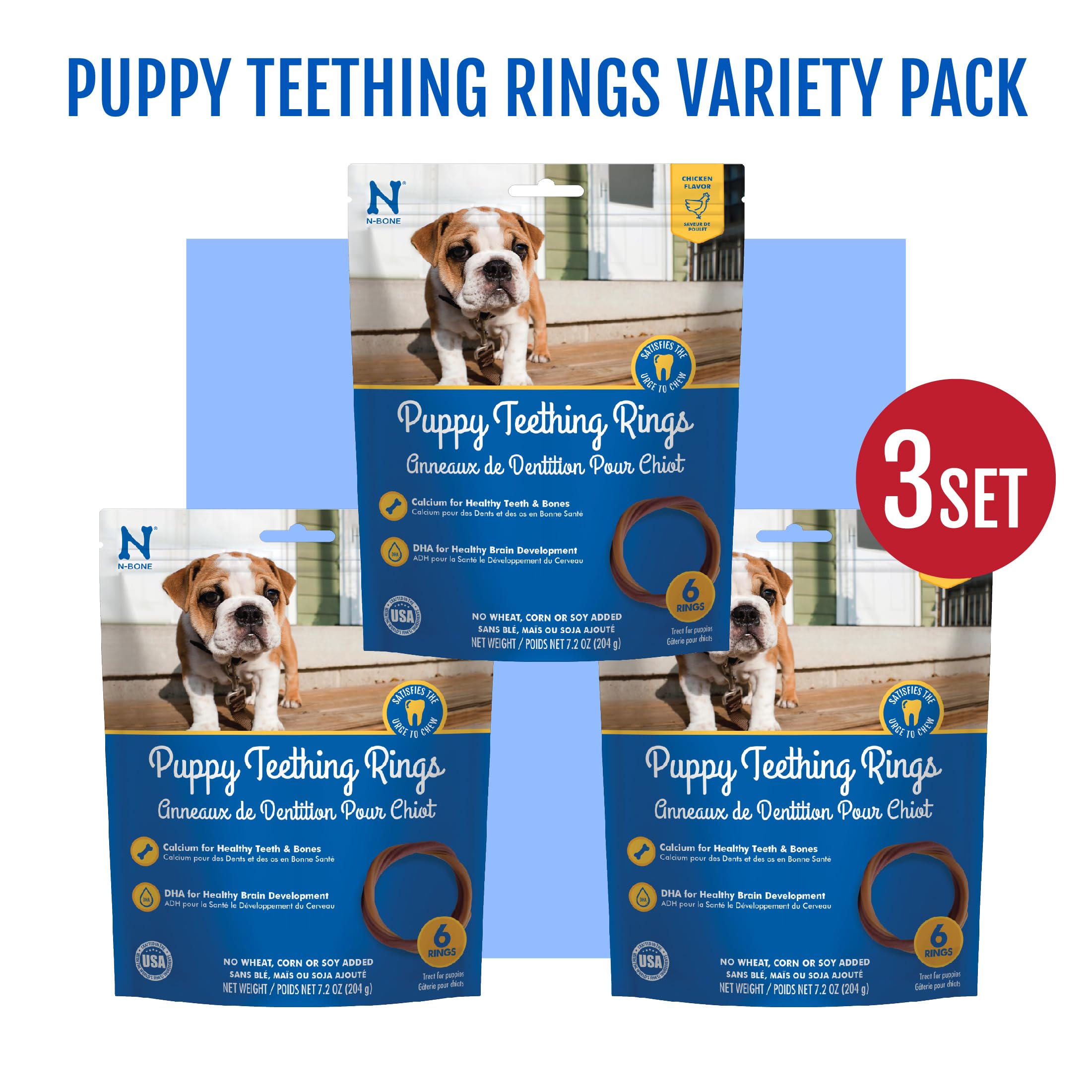 N-Bone Puppy Teething Rings chicken flavor textured design highlighting gum relief and dental health.
