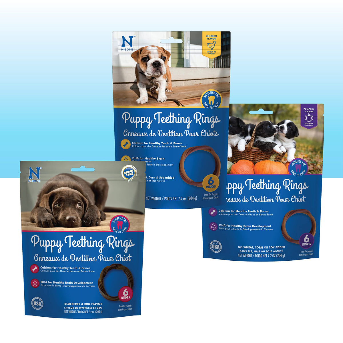 N-Bone Puppy Teething Rings pack shot, showcasing three-flavor variety for teething chews.