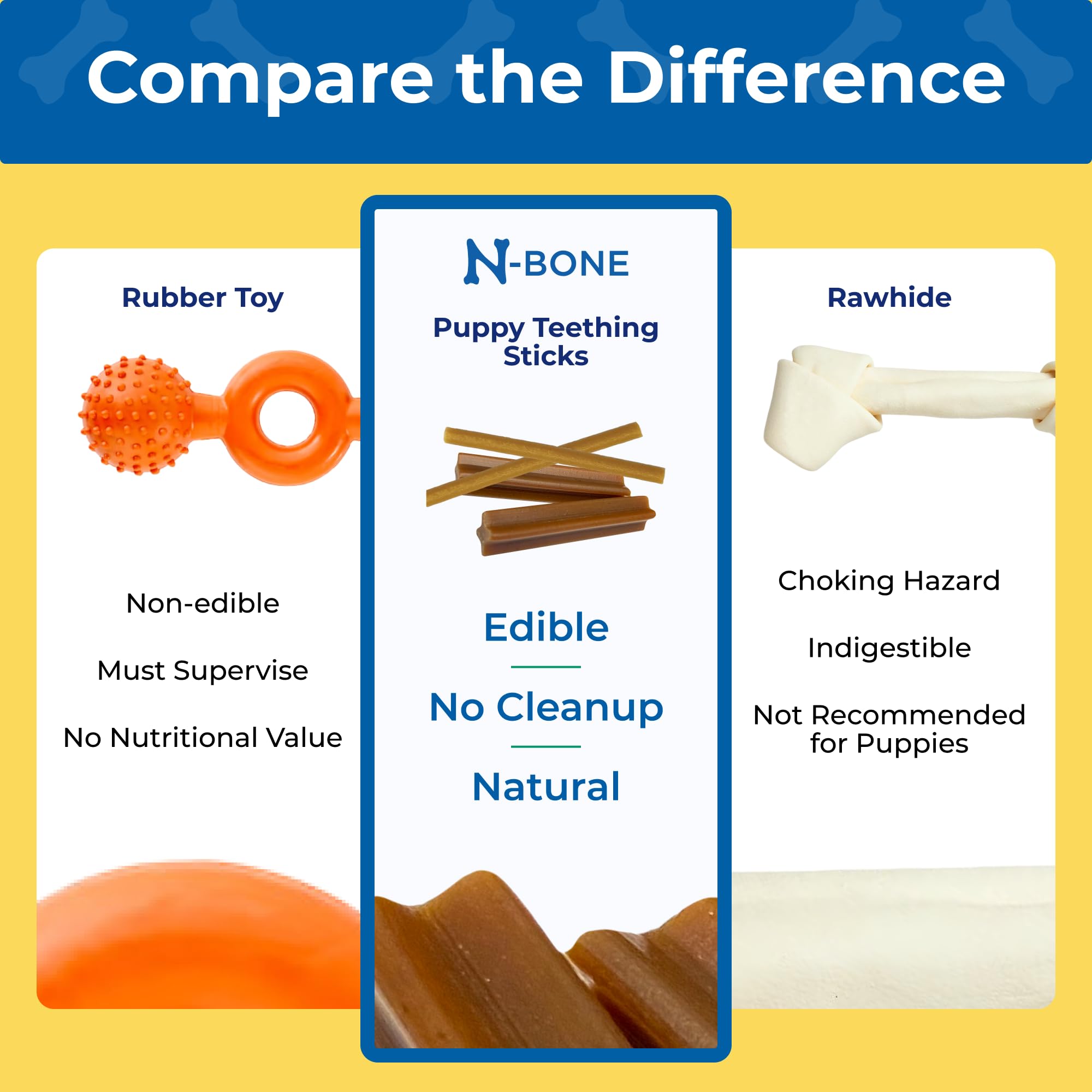 N-Bone Puppy Teething Sticks Jumbo peanut butter package highlights safe, chewy relief.