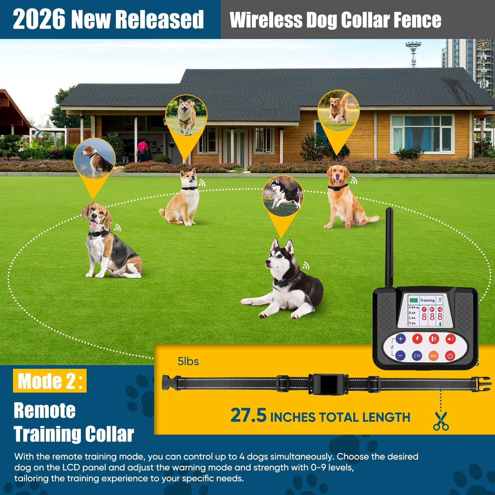 NBSUN remote training panel managing up to four dogs with adjustable intensity.