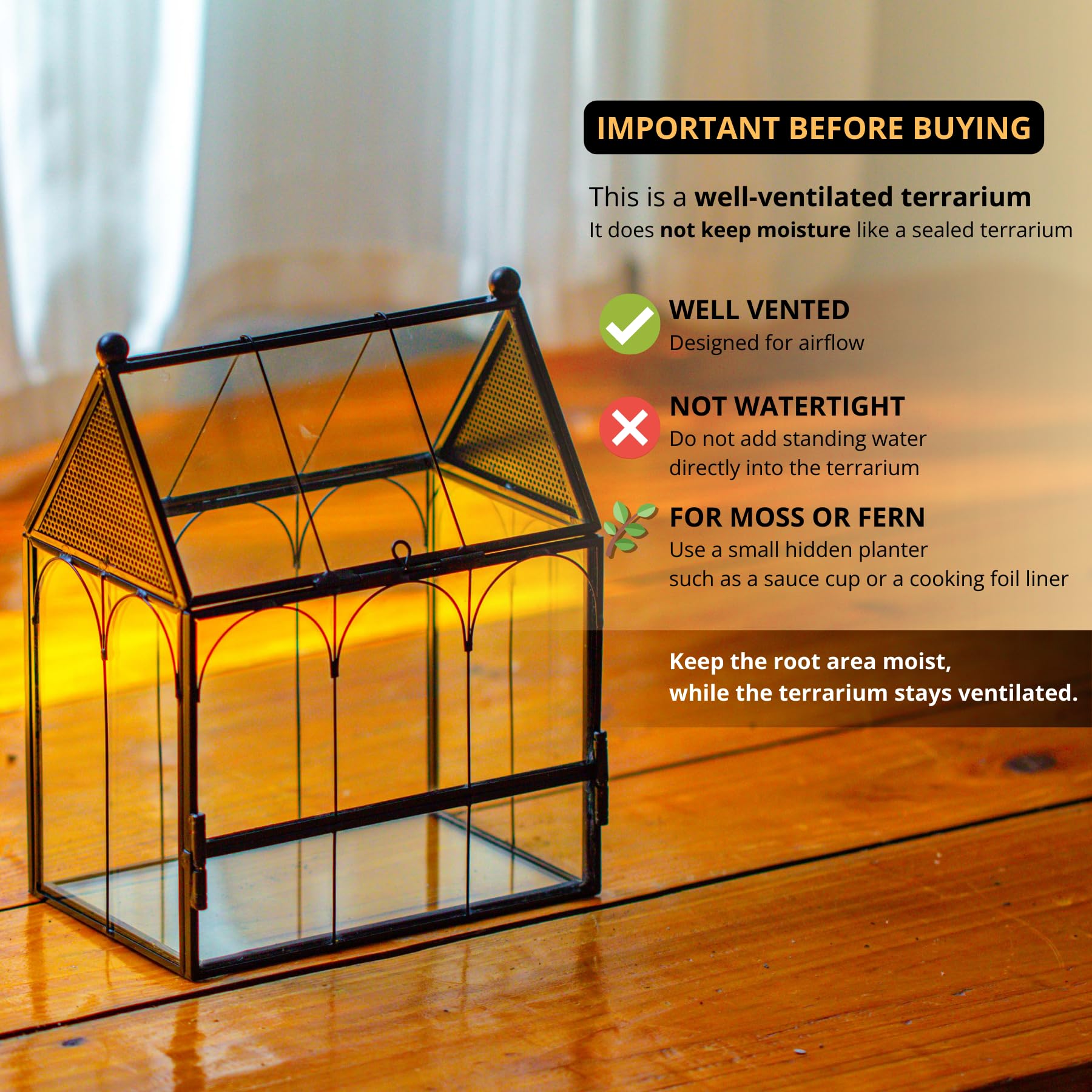 NCYP small glass terrarium triangle roof vent close-up emphasizes breathable, airy setup