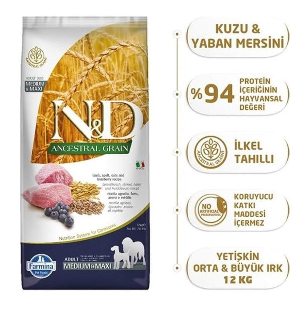 N&D Ancestral Lamb Spelt Oats close-up shows wholesome ingredients for adult dogs.