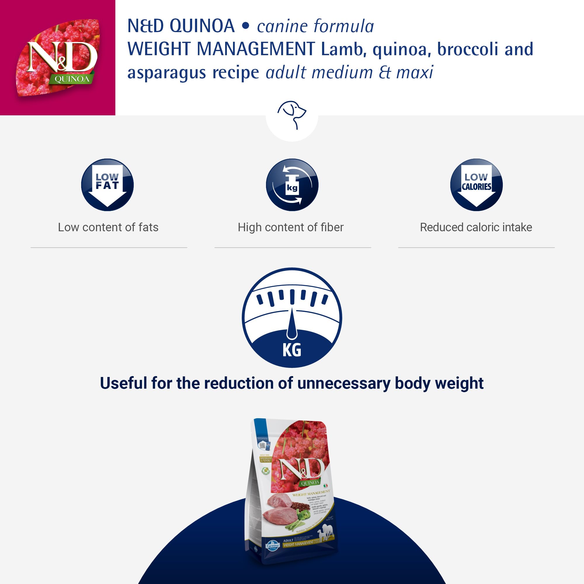 N&D Farmina Quinoa Weight Management Lamb bag front showcasing premium ingredients