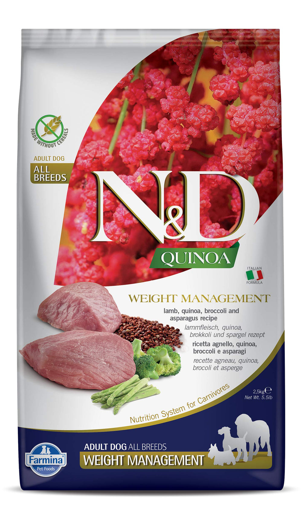 N&D Farmina Quinoa Weight Management Lamb kibble closeup showing protein-rich formula for adults