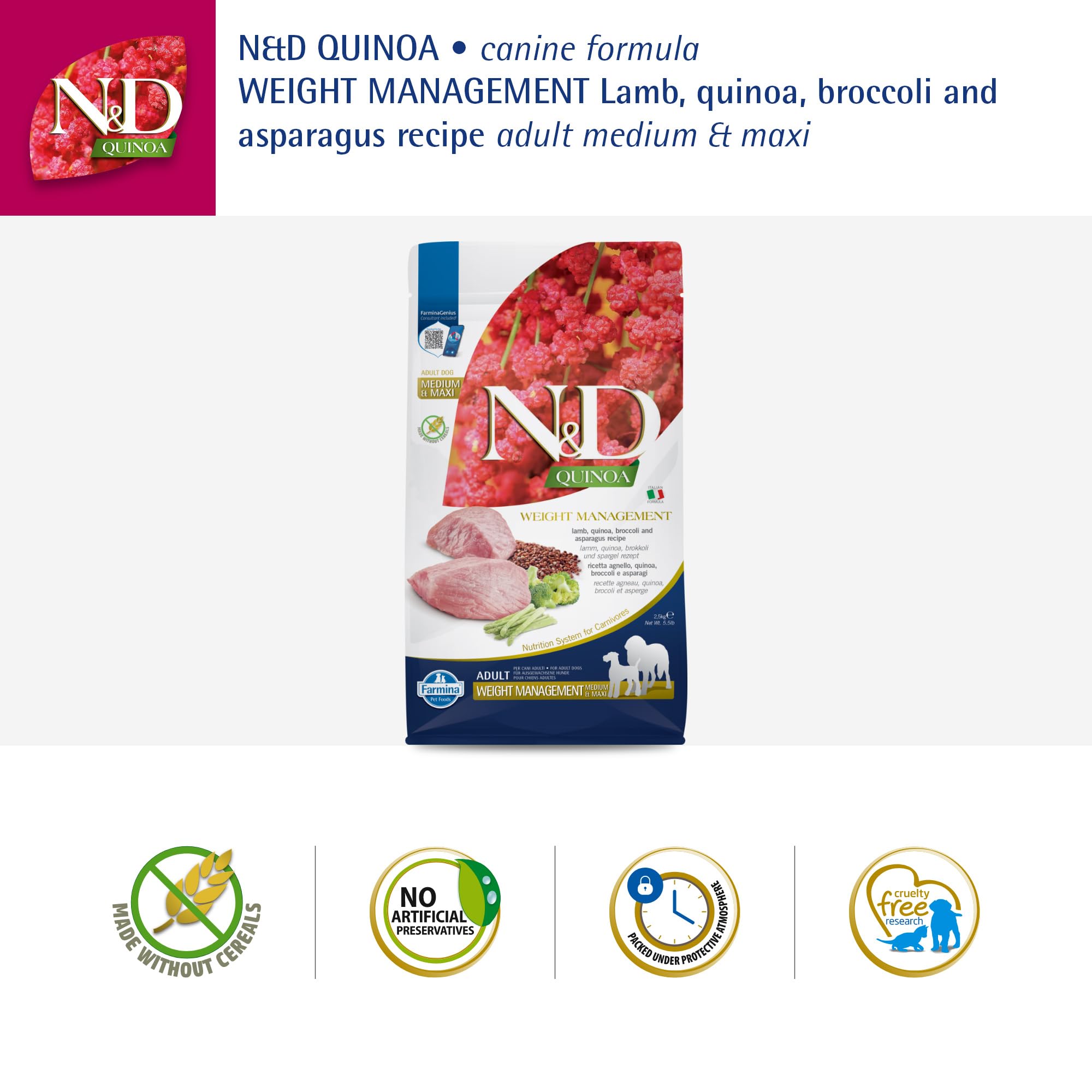 N&D Farmina Weight Management Lamb nutrition panel emphasizing amino acids and omega fats