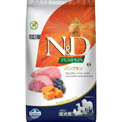 N&D Mini Lamb & Blueberry grain-free kibble close-up showing protein-rich bites for small dogs.