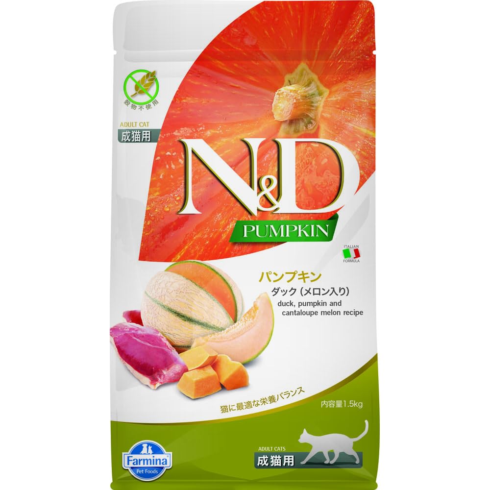 N&D Pumpkin Duck Cantaloupe adult dry cat food bag with premium protein.